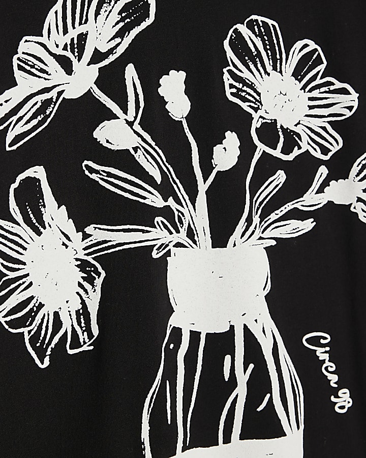 Black Short Sleeve Floral Sketch T-shirt