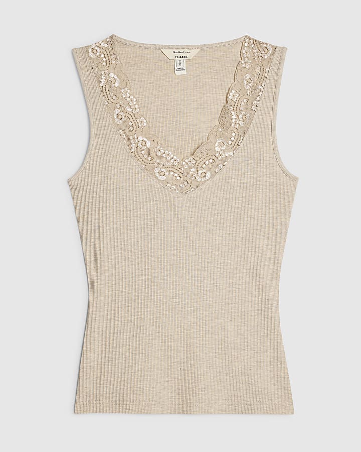 Beige Lace Trim Tank Top
