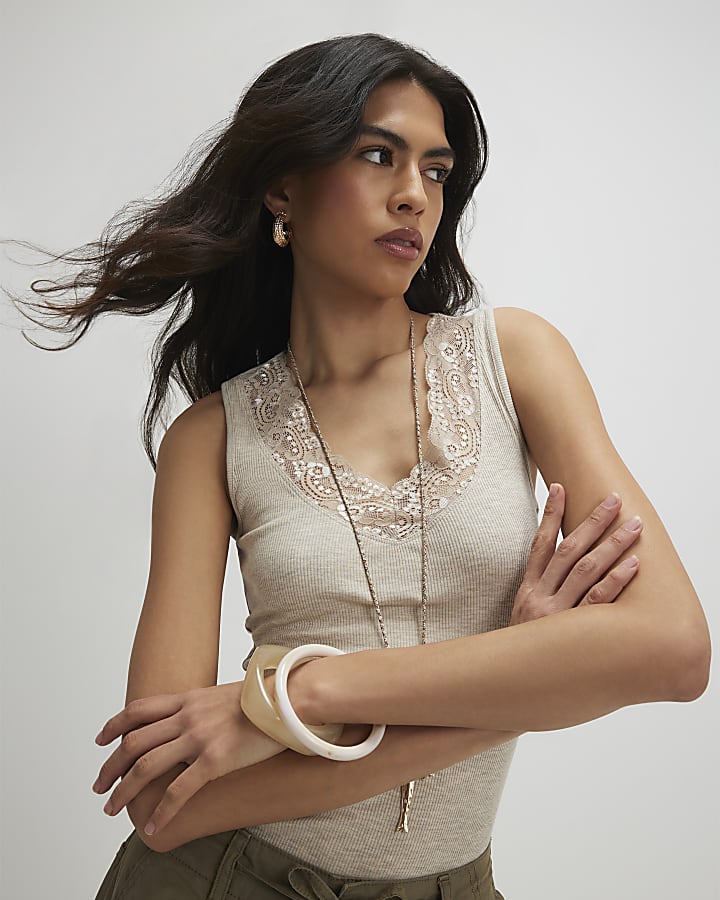 Beige Lace Trim Tank Top