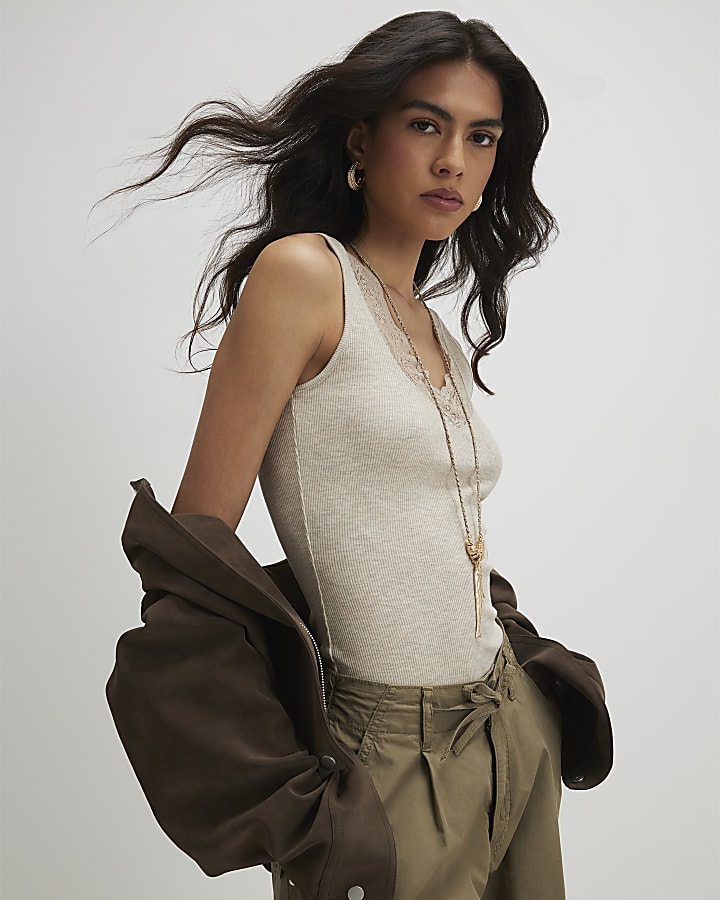 Beige Lace Trim Tank Top