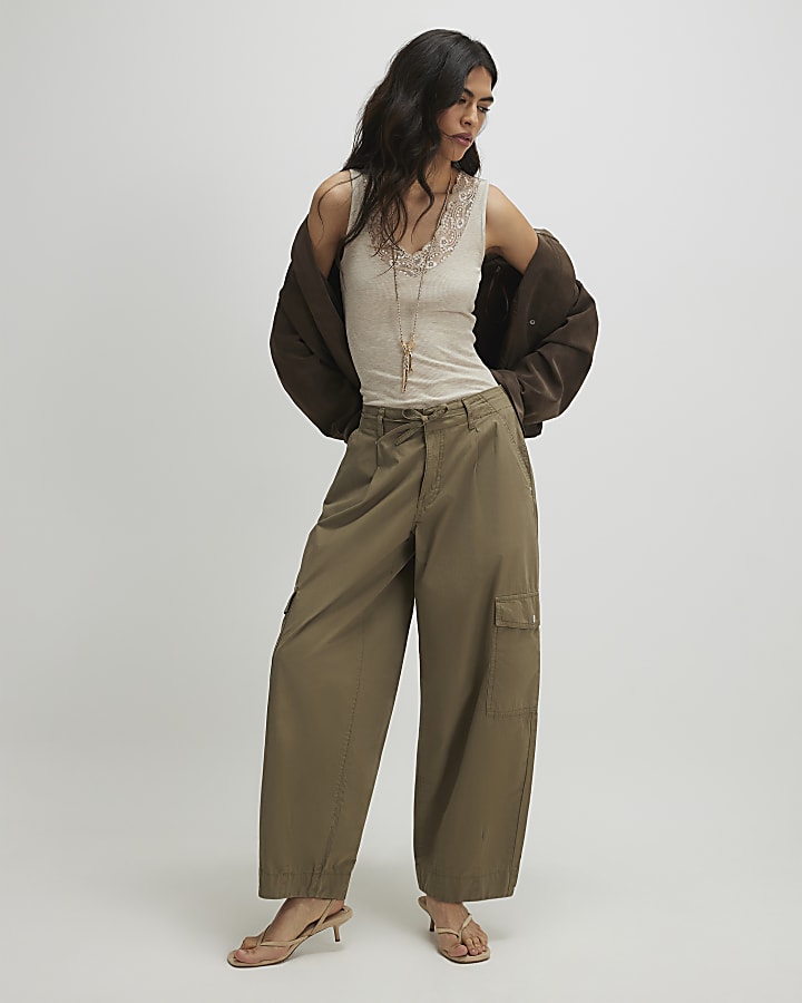 Beige Lace Trim Tank Top