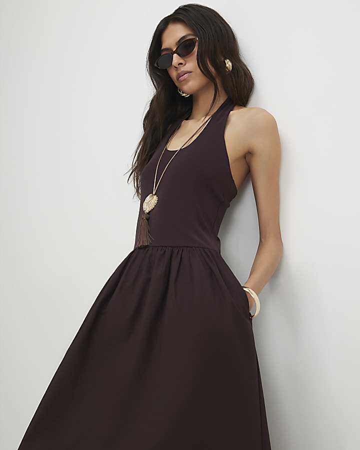 Brown Halter Neck Maxi Dress