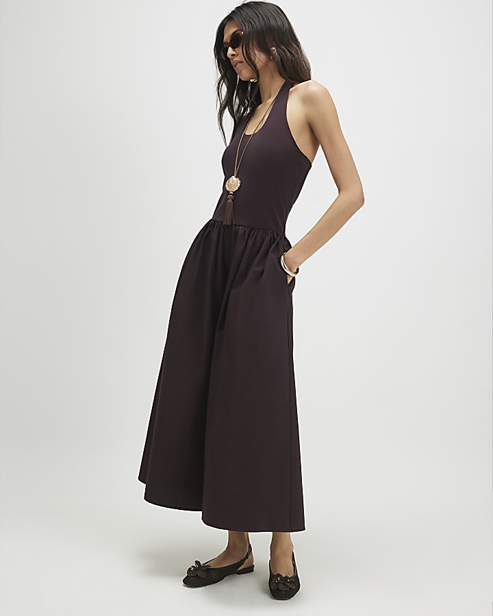 Brown Halter Neck Maxi Dress