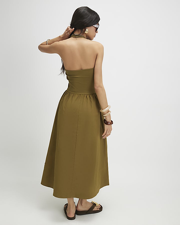 Khaki Halter Neck Maxi Dress