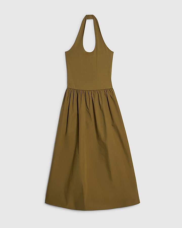 Khaki Halter Neck Maxi Dress