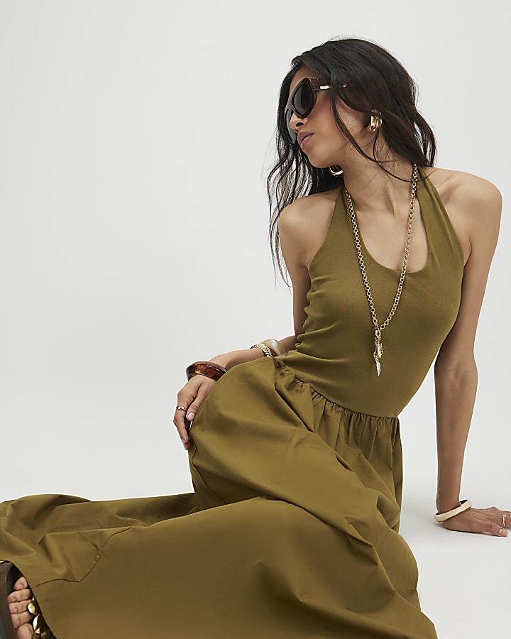 Khaki Halter Neck Maxi Dress