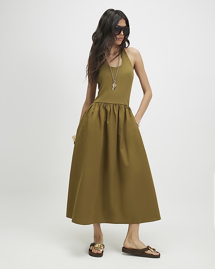 Khaki Halter Neck Maxi Dress