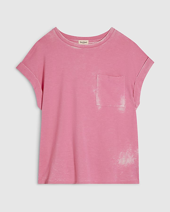 Pink Cotton Blend Burnout Effect T-Shirt