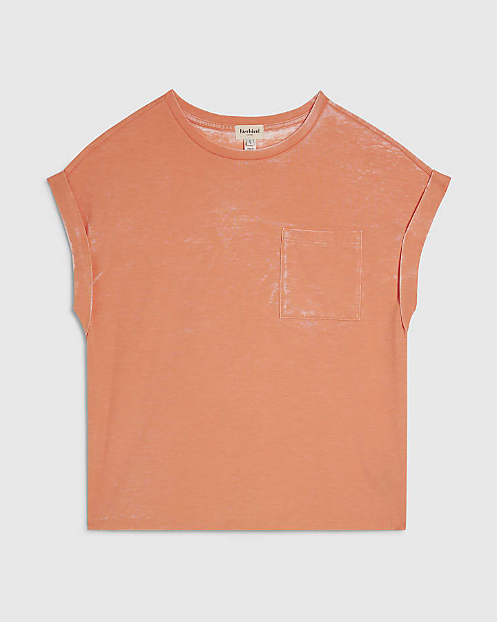 Orange Cotton Blend Burnout Effect T-Shirt