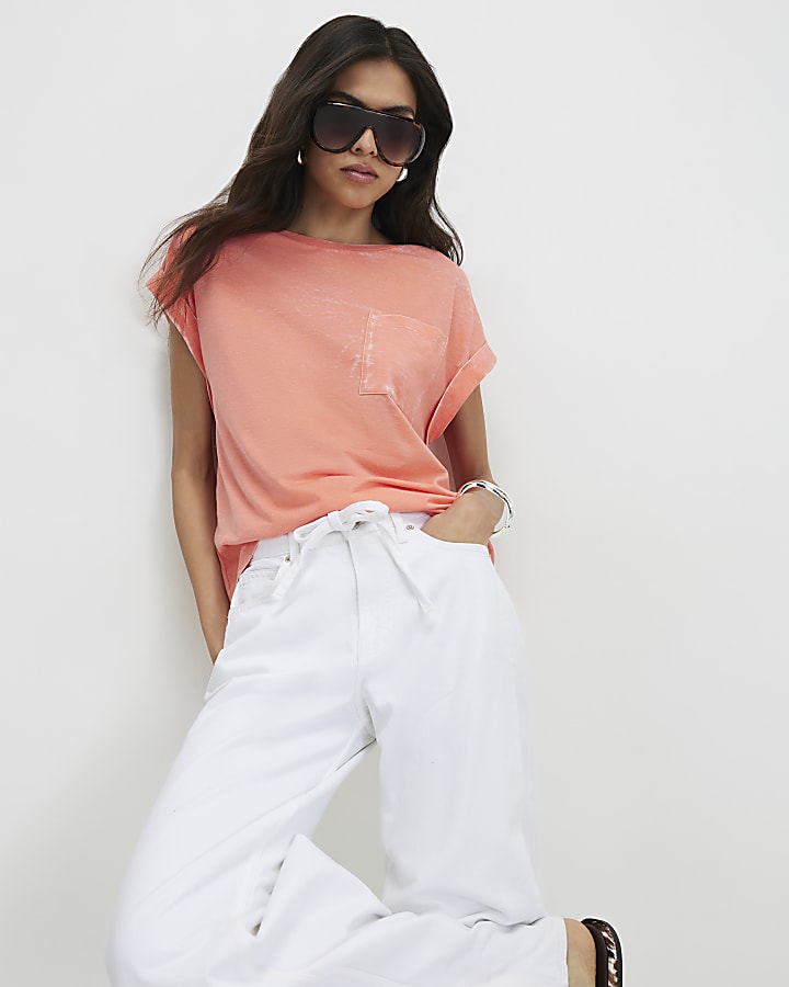 Orange Short Sleeve Burnout Effect T-Shirt