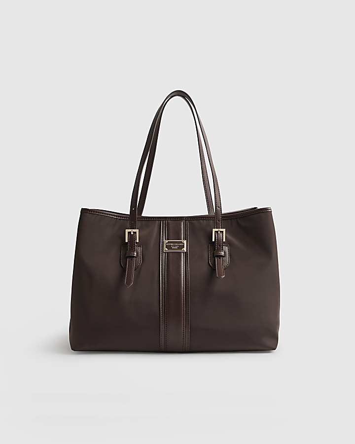 Brown Nylon Buckle Handle Shopper Bag