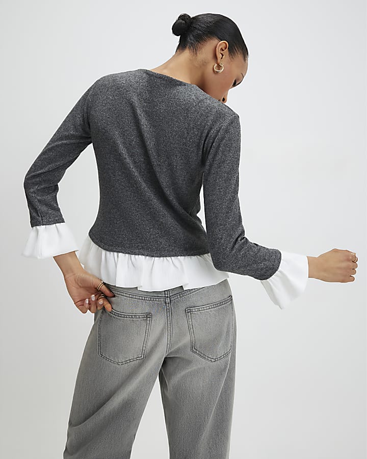 Grey Cosy Long Sleeve Frill Trim Cardigan