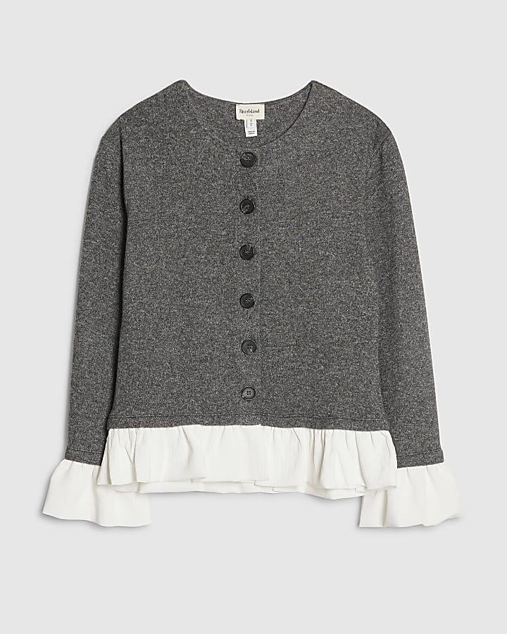 Grey Cosy Long Sleeve Frill Trim Cardigan