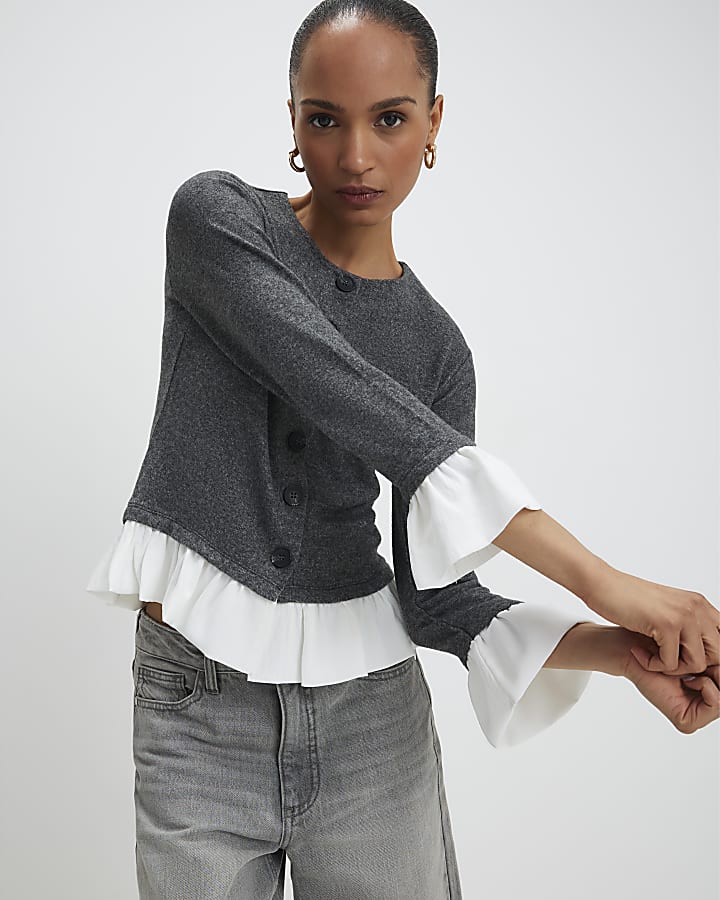 Grey Cosy Long Sleeve Frill Trim Cardigan