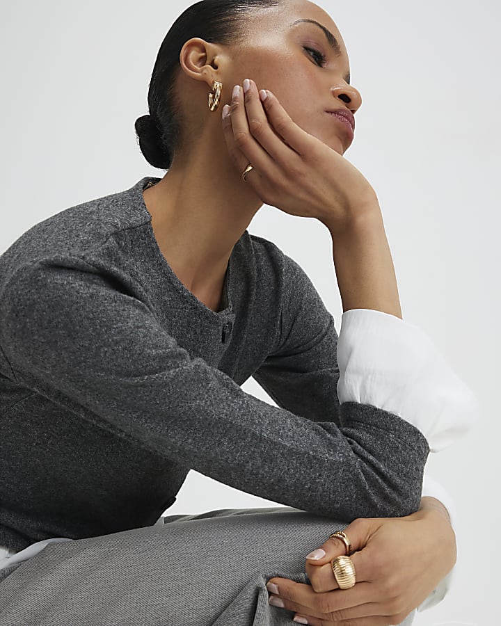 Grey Cosy Long Sleeve Frill Trim Cardigan