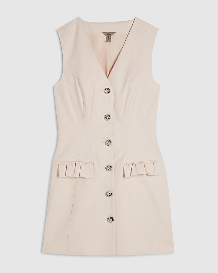 Pink Cotton Blend Frill Pocket Mini Dress