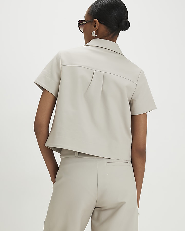 Beige Cotton blend Short Sleeve Boxy Shirt