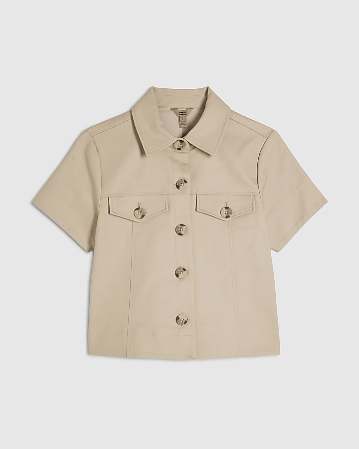 Beige Cotton blend Short Sleeve Boxy Shirt