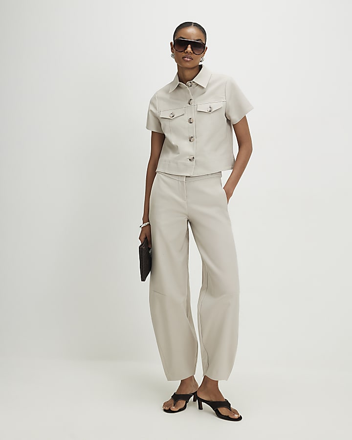 Beige Cotton blend Short Sleeve Boxy Shirt
