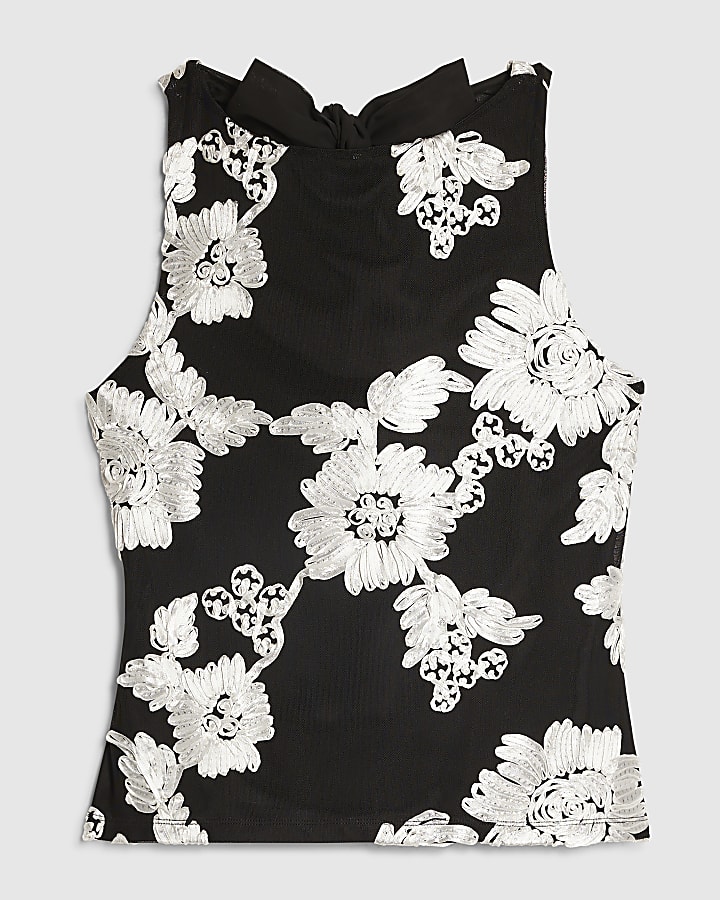 Black Sleeveless Cornelli Racer Neck Top