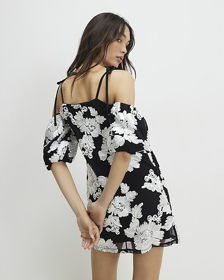 Black Short Sleeve Cornelli Mini Dress