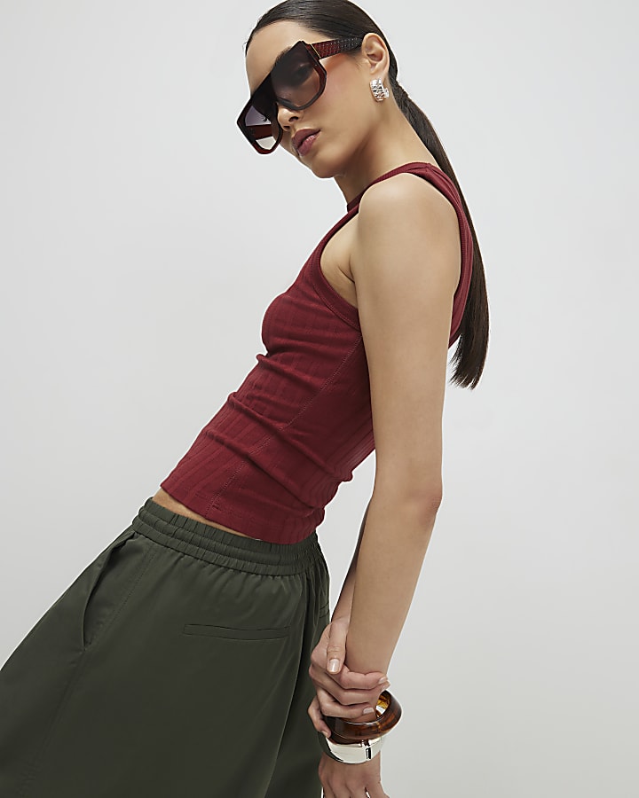 Red Cotton Ribbed Tank Top