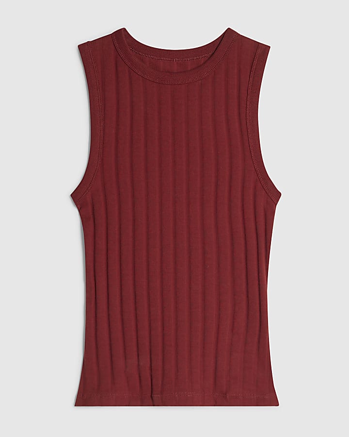 Red Cotton Ribbed Tank Top