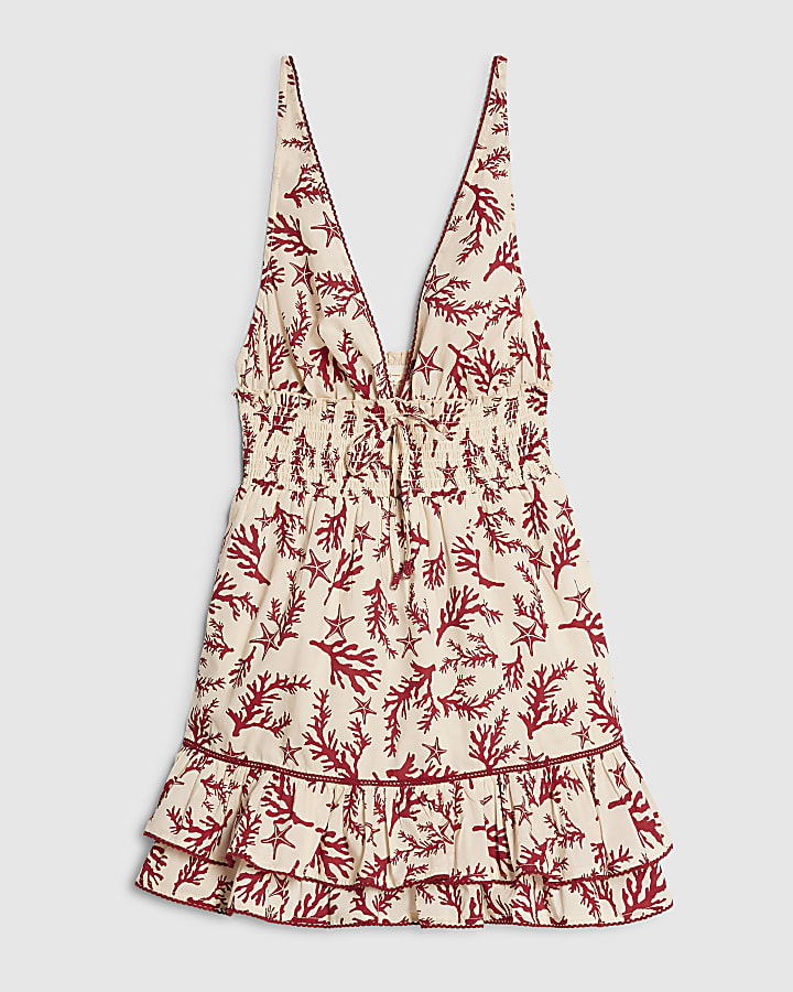 Cream Coral Print Mini Beach Dress