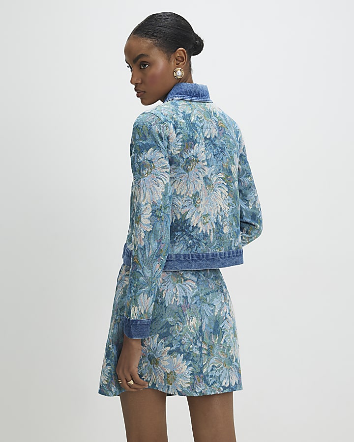 Blue Denim Floral Tapestry Mini Skirt