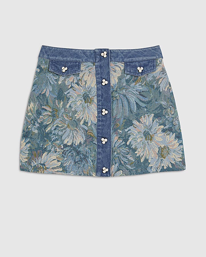 Blue Denim Floral Tapestry Mini Skirt