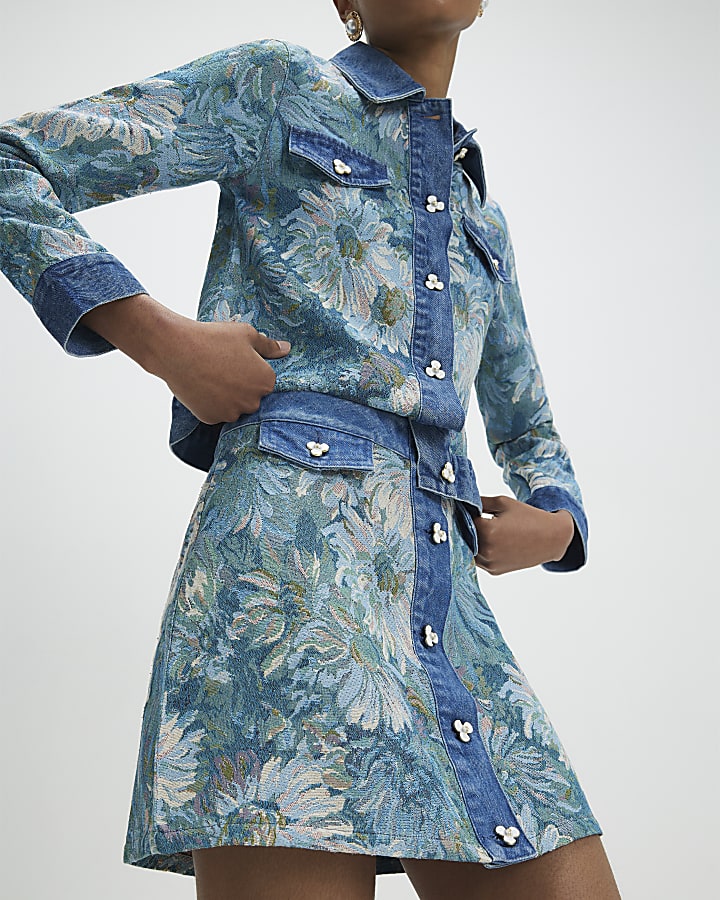 Blue Denim Floral Tapestry Mini Skirt