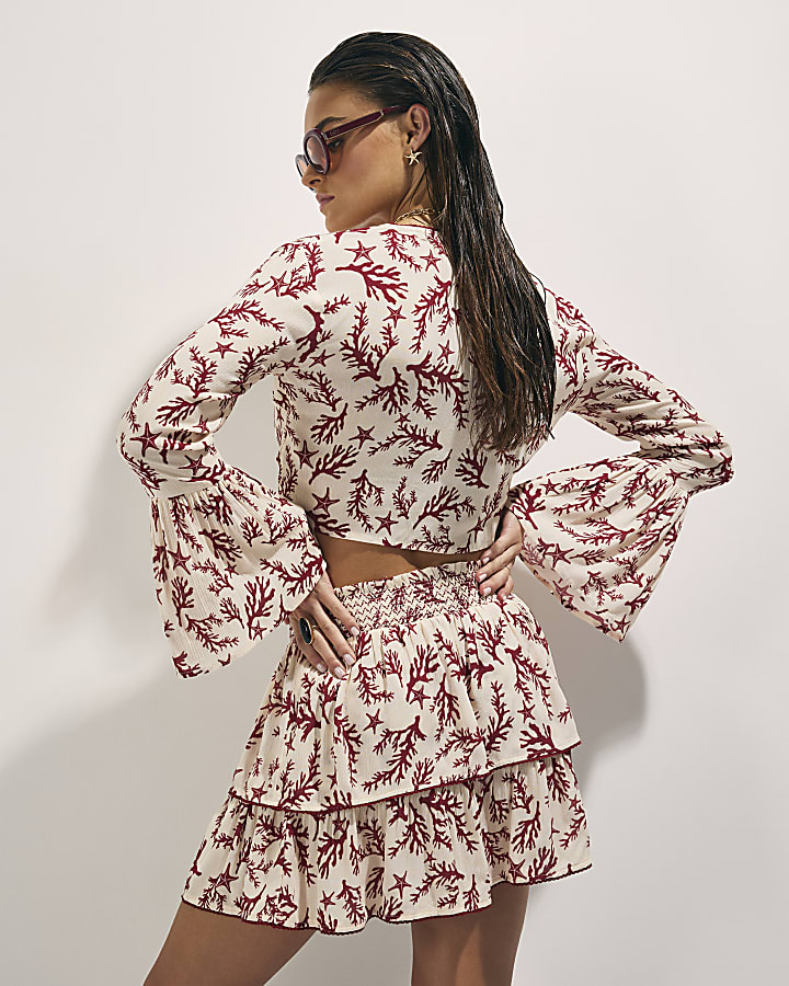 Cream Coral Print Tie Top And Skirt Set