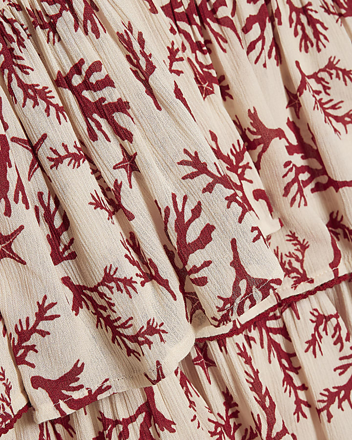 Cream Coral Print Tie Top And Skirt Set