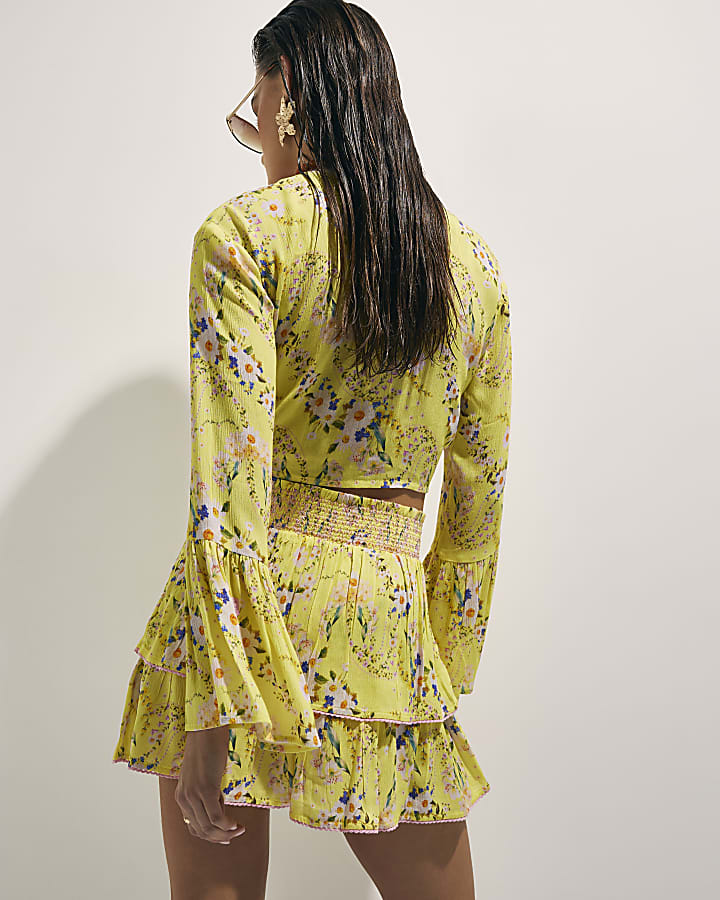 Yellow Floral Print Tie Top And Skirt Set
