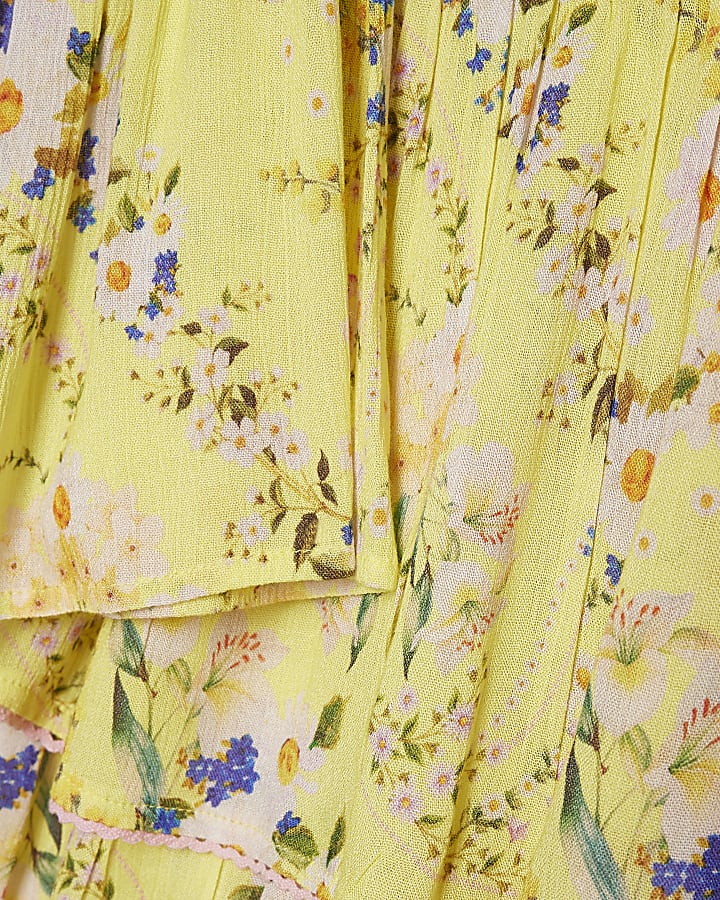 Yellow Floral Print Tie Top And Skirt Set