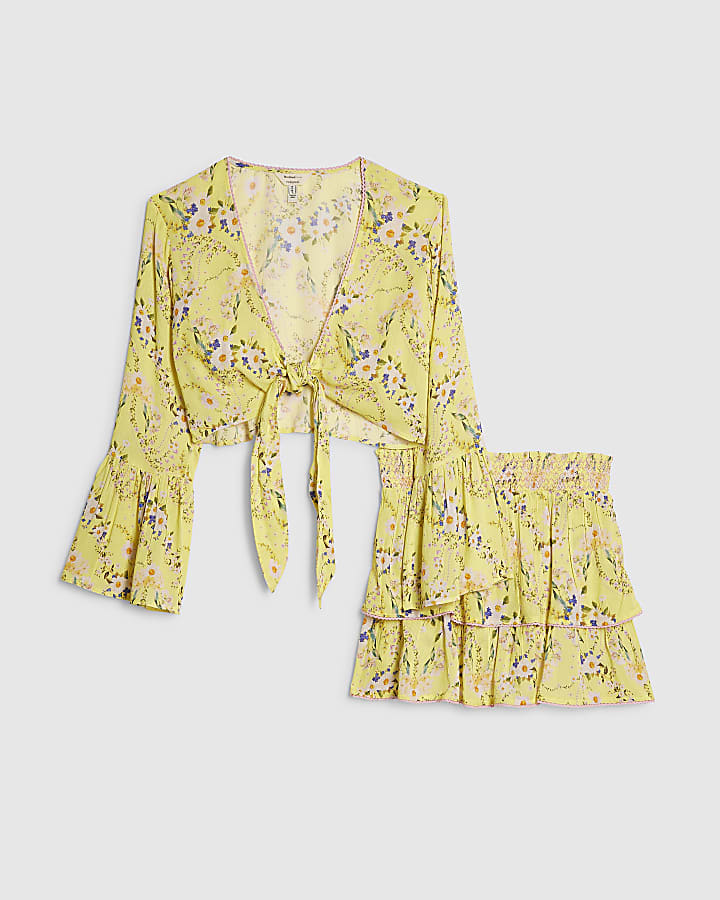 Yellow Floral Print Tie Top And Skirt Set