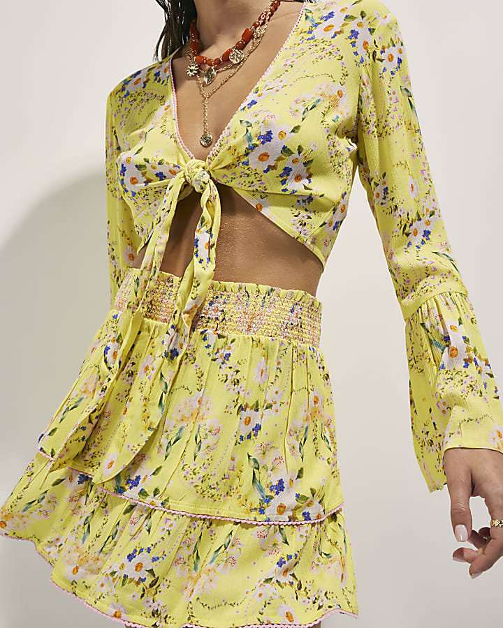 Yellow Floral Print Tie Top And Skirt Set