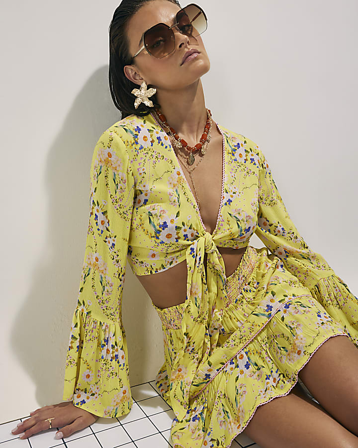 Yellow Floral Print Tie Top And Skirt Set