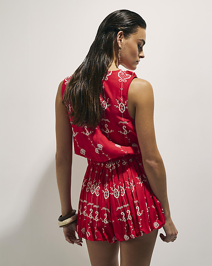 Red Tropical Print Embroidered Playsuit