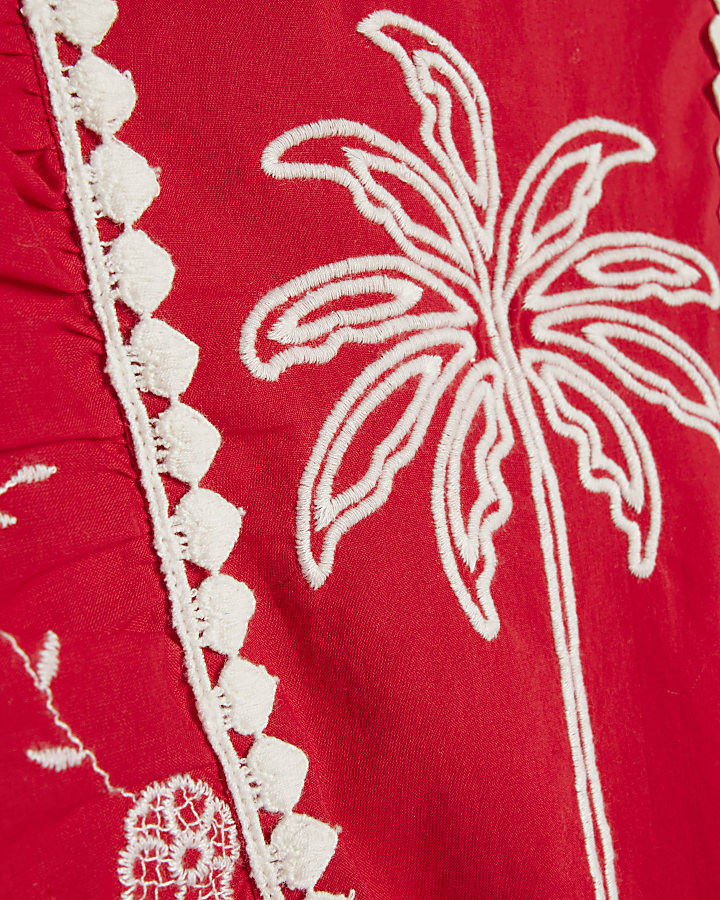 Red Tropical Print Embroidered Playsuit