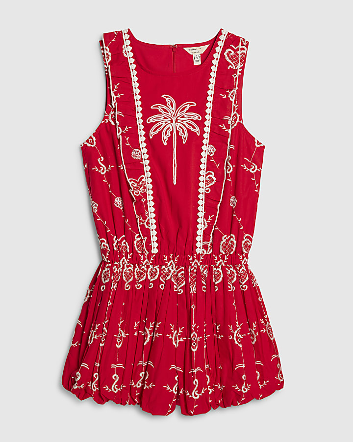 Red Tropical Print Embroidered Playsuit