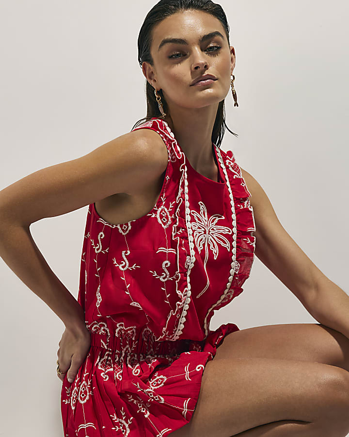 Red Tropical Print Embroidered Playsuit