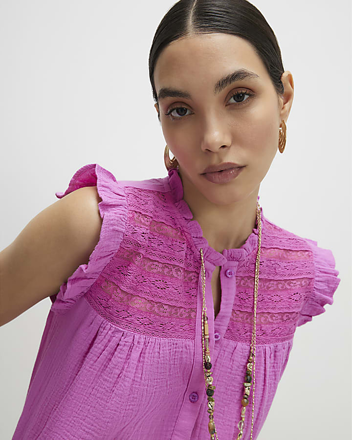 Pink Lace Yoke Blouse