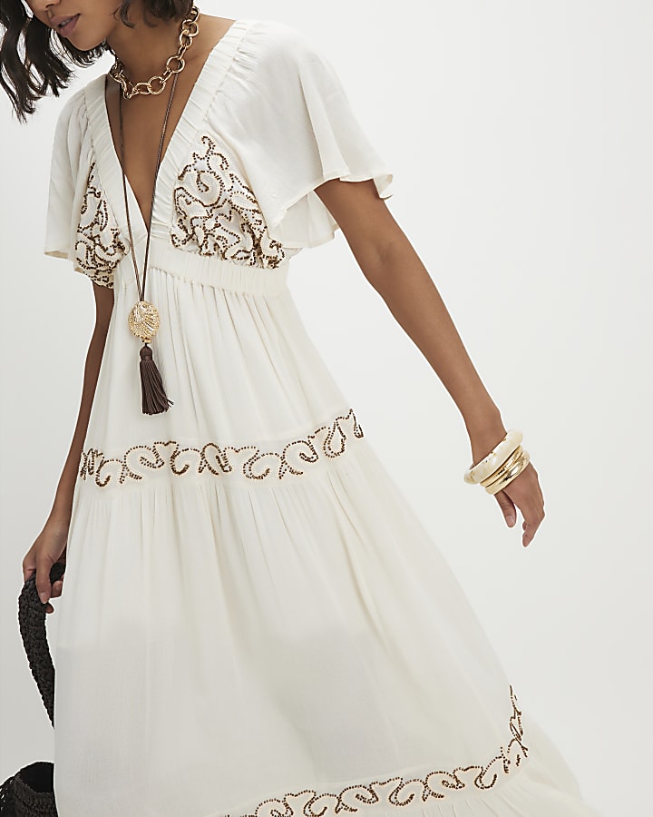 Cream Beaded Maxi Dress