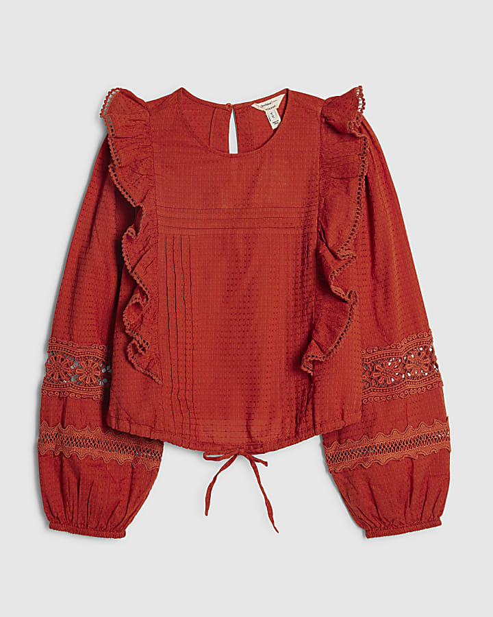 Orange Long Sleeve Ruffle Blouse