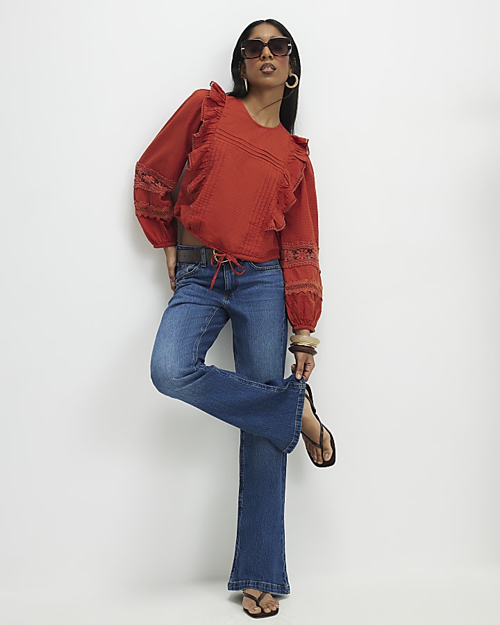 Orange Long Sleeve Ruffle Blouse