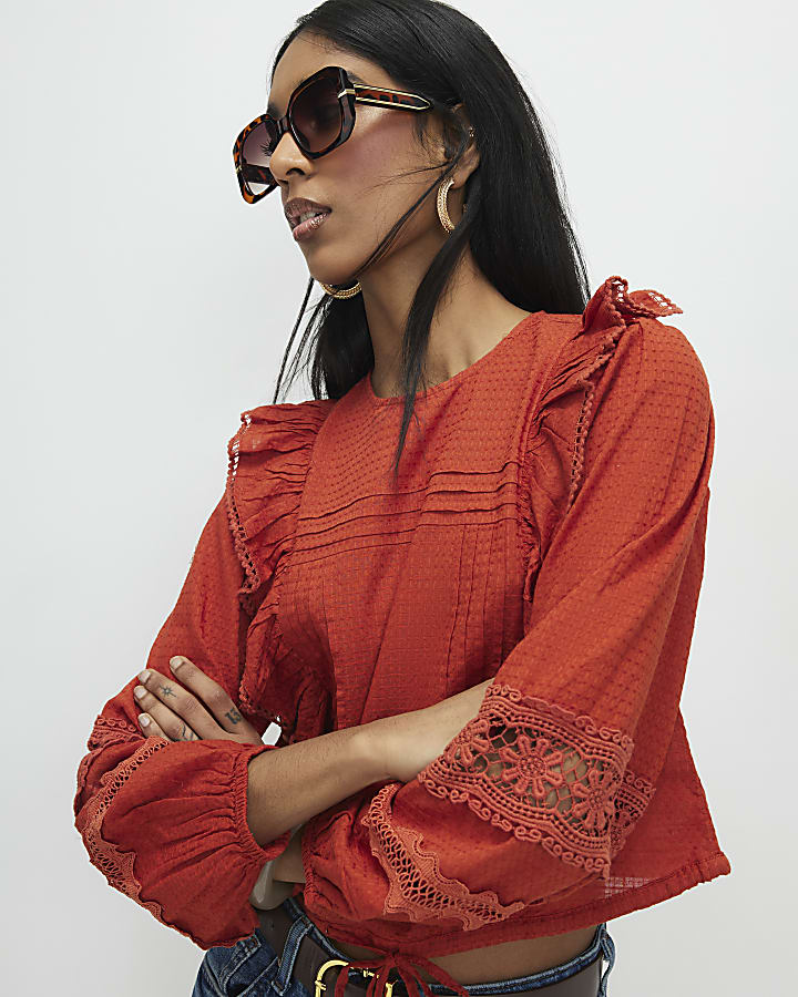 Orange Long Sleeve Ruffle Blouse