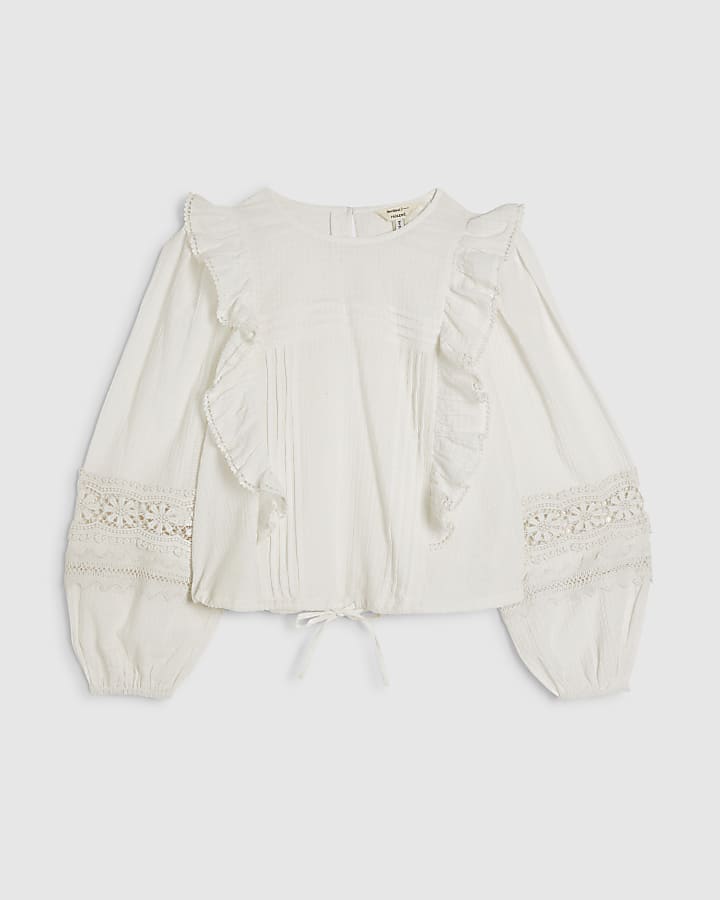 Cream Long Sleeve Ruffle Blouse