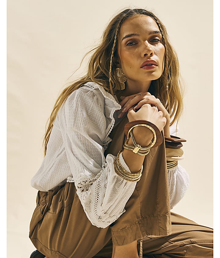 Cream Long Sleeve Ruffle Blouse