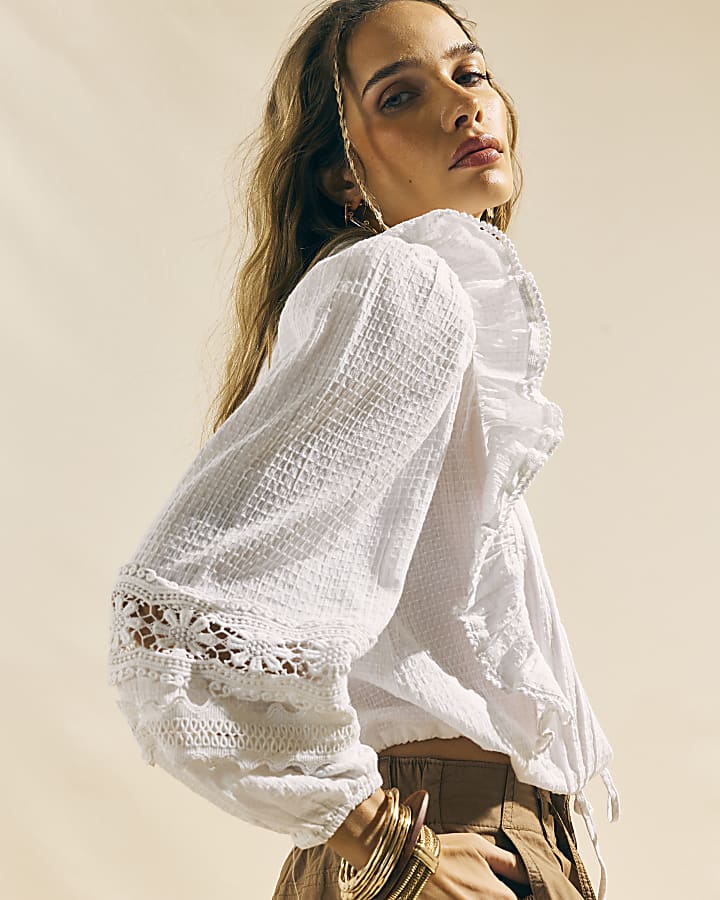 Cream Long Sleeve Ruffle Blouse